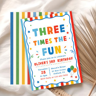 Colourful Three Times The Fun 3th Birthday Invitation