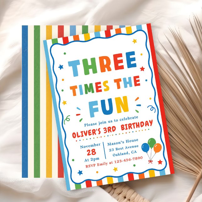 Colourful Three Times The Fun 3th Birthday Invitation (Creator Uploaded)