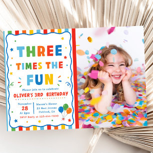 Colourful Three Times The Fun 3th Birthday Photo Invitation