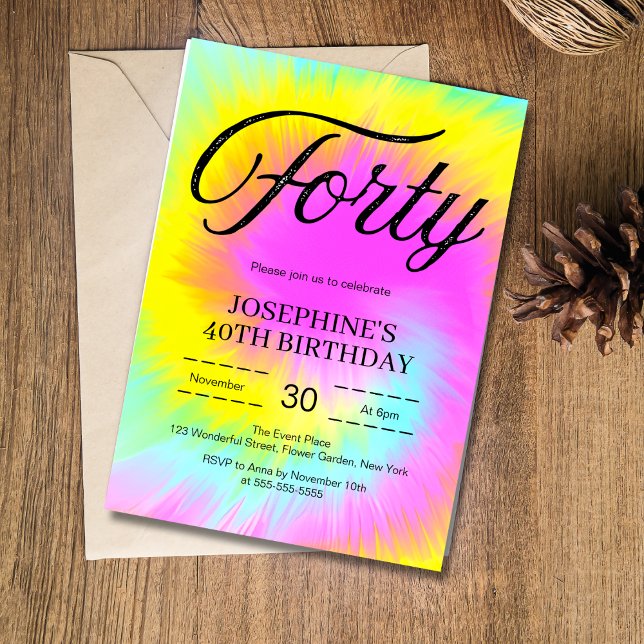 Colourful Tie Dye Pastel Boho 40th Birthday Invitation (Creator Uploaded)