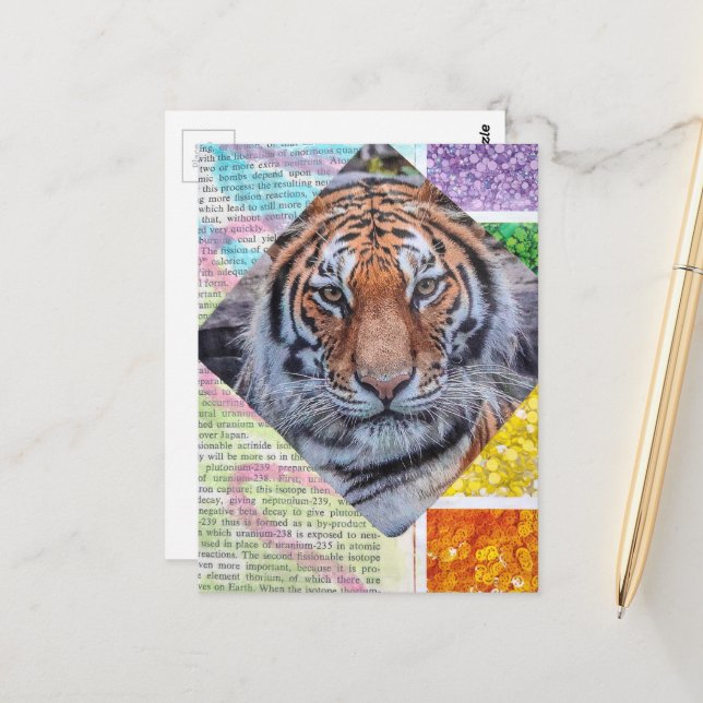 Colourful Tiger Collage Postcard (Front/Back In Situ)