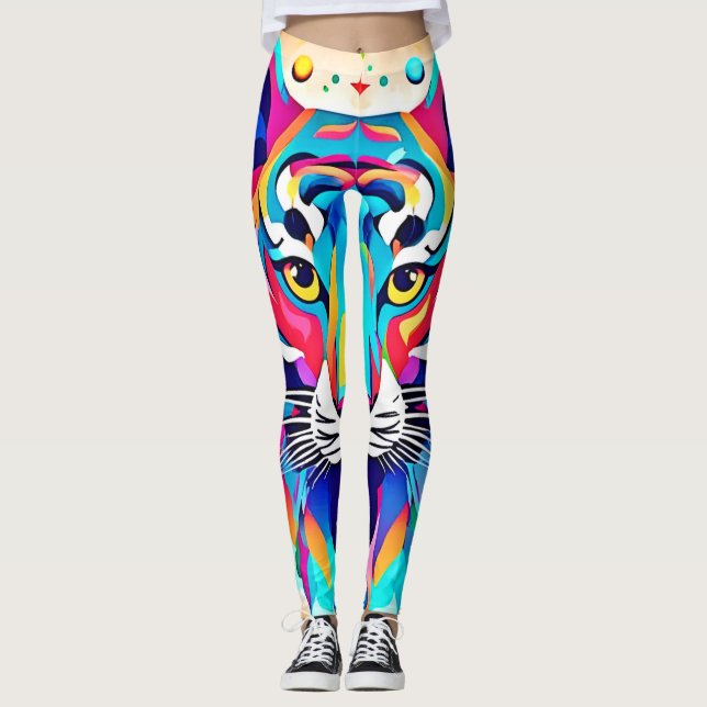Colourful Tiger Face Art Leggings (Front)