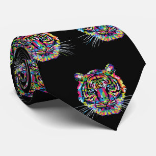 Colourful Tiger Head On Black Necktie