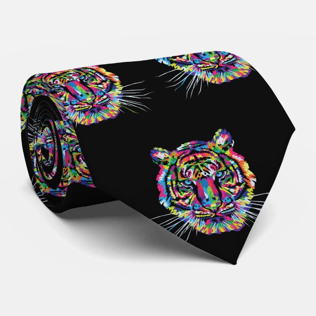 Colourful Tiger Head On Black Necktie (Rolled)