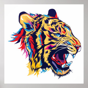 Colourful tiger head roaring illustration poster