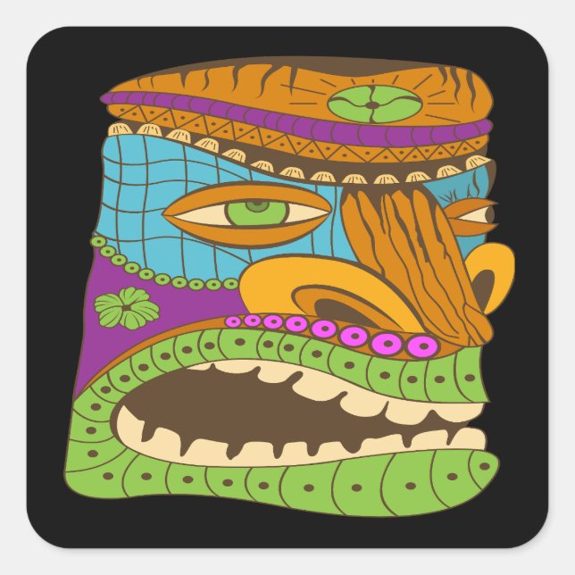 Colourful Tiki Head in Exotic Mood, Funny Black Square Sticker (Front)