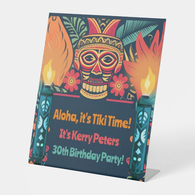 Colourful Tiki Luau Skull Backyard Birthday Party Pedestal Sign (Front)
