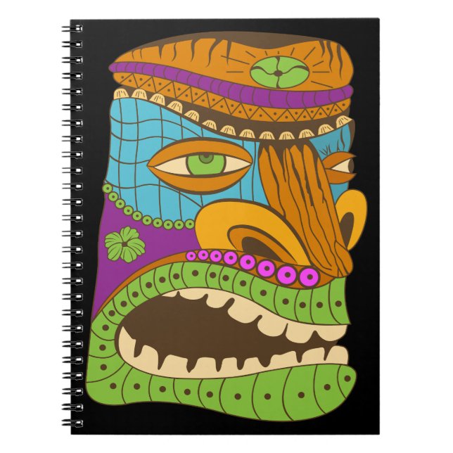 Colourful Tiki Statue in Exotic Mood, Funny Black Notebook (Front)