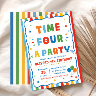 Colourful Time Four Party 4th Birthday Invitation