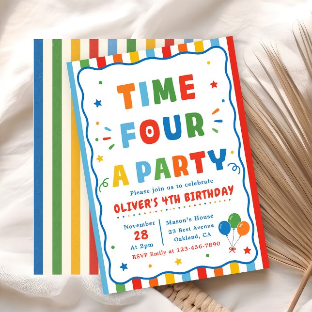 Colourful Time Four Party 4th Birthday Invitation (Creator Uploaded)