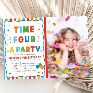 Colourful Time Four Party 4th Birthday Photo Invitation