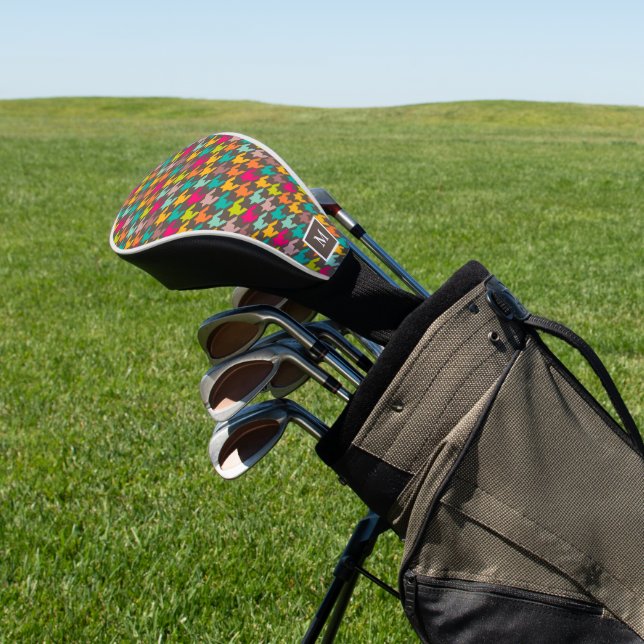 Colourful tooth hound seamless pattern on brown golf head cover (In Situ)