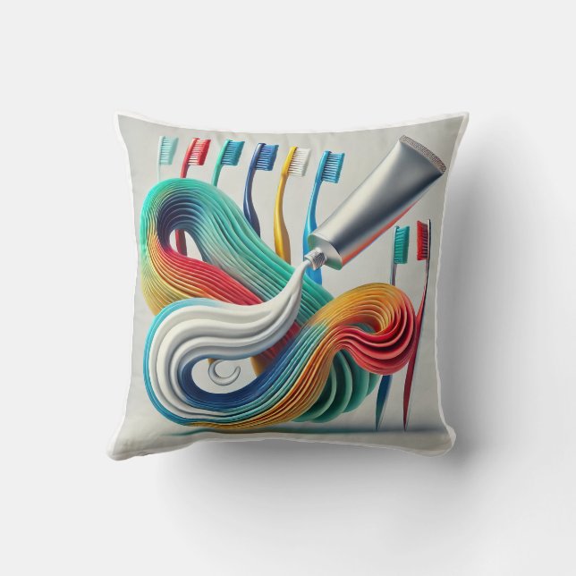 Colourful Toothpaste & Toothbrush Abstract Art Cushion (Back)