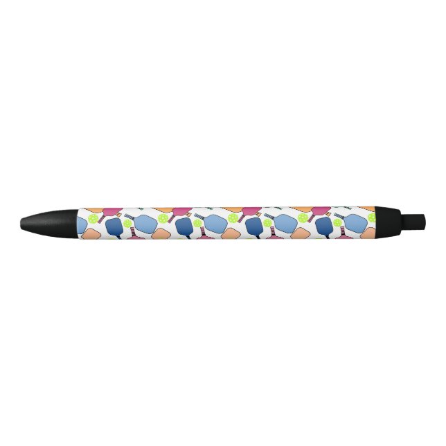 Colourful Tossed Pickleballs and Paddles Black Ink Pen (Front)
