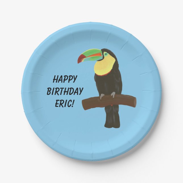 Colourful Toucan Bird Happy Birthday Plates (Front)