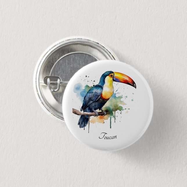 colourful toucan sitting on a  branch 3 cm round badge (Front & Back)