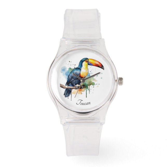 colourful toucan sitting on a  branch, customisabl watch (Front)