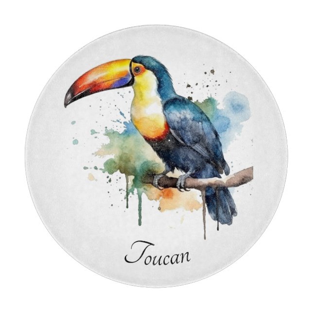 colourful toucan sitting on a  branch cutting board (Front)