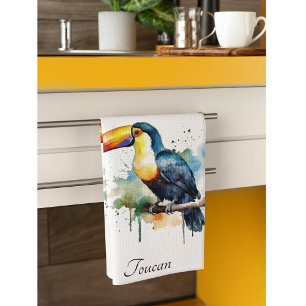 colourful toucan sitting on a branch tea towel