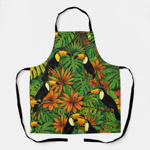Colourful Toucans Tropical Jungle Leaves Hibiscus  Apron