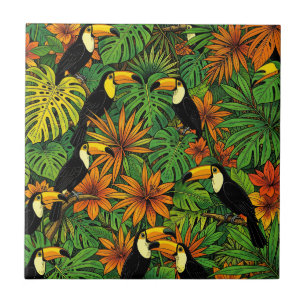 Colourful Toucans Tropical Jungle Leaves Hibiscus Tile