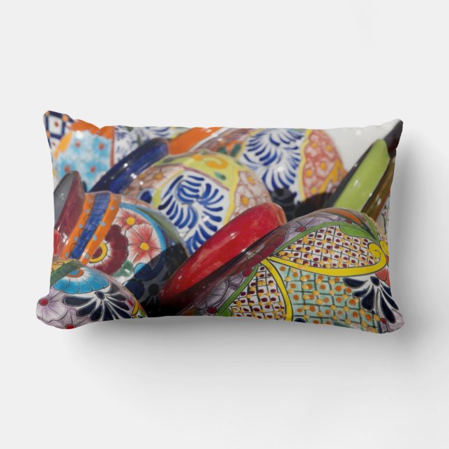 Colourful traditional hand-painted Mexican pottery Lumbar Cushion (Front)