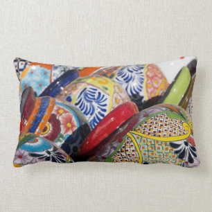 Colourful traditional hand-painted Mexican pottery Lumbar Cushion