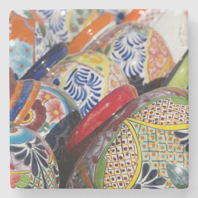 Colourful traditional hand-painted Mexican pottery Stone Coaster (Front)
