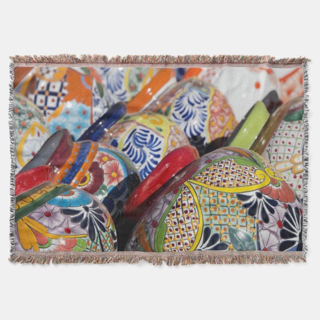 Colourful traditional hand-painted Mexican pottery Throw Blanket (Front)