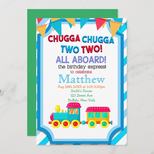 Colourful Train 2nd Birthday Party Invitations  (Front/Back)