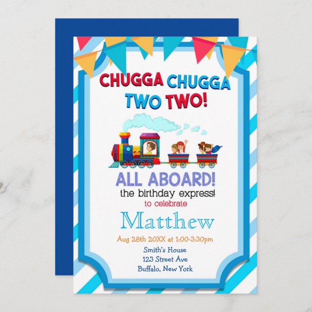 Colourful Train 2nd Birthday Party Invitations  (Front/Back)