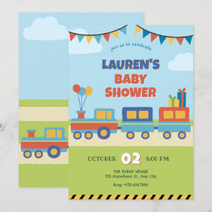 Colourful train baby shower invitation