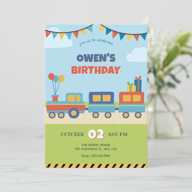 Colourful train birthday  invitation (Standing Front)
