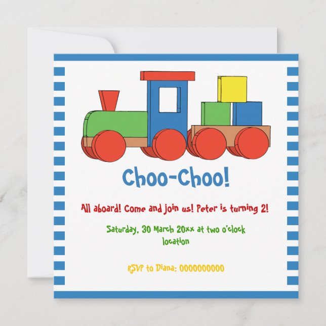 Colourful train kids birthday blue, white border invitation (Front)
