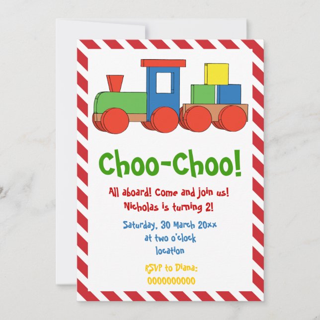Colourful train kids birthday, red white stripes invitation (Front)