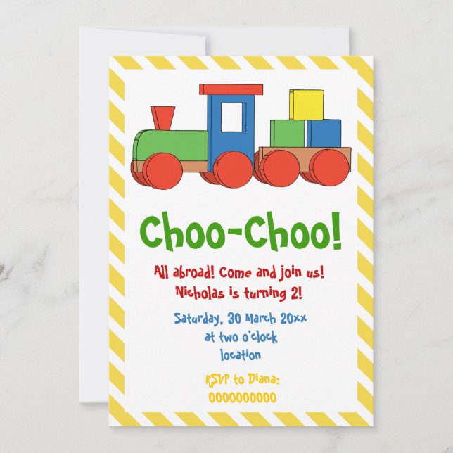 Colourful train kids birthday yellow, white stripe invitation (Front)