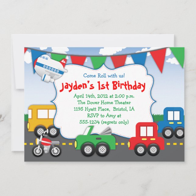Colourful Transportation Themed Party Invitation (Front)