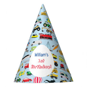 Colourful Transportation & Vehicles Kids Name Party Hat