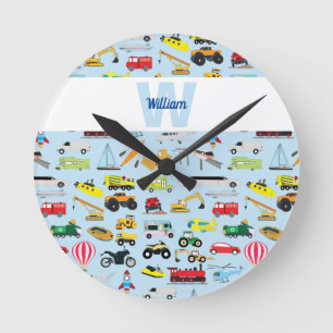 Colourful Transportation & Vehicles Kids Pattern Round Clock