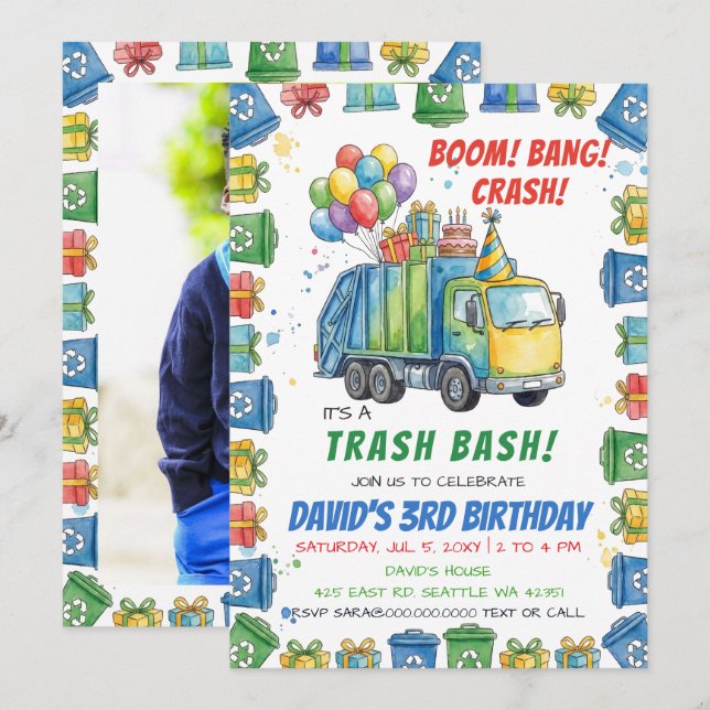 Colourful Trash Bash Garbage Truck Birthday  Invitation (Front/Back)