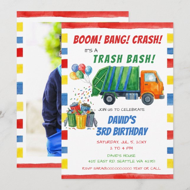 Colourful Trash Bash Garbage Truck Birthday  Invitation (Front/Back)