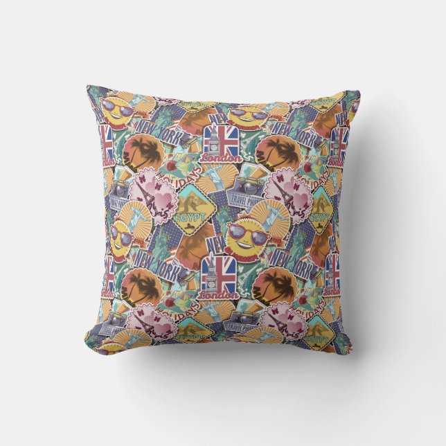 Colourful Travel Sticker Pattern Cushion (Front)