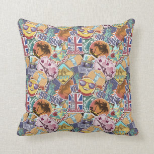 Colourful Travel Sticker Pattern Cushion