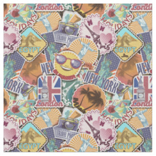 Colourful Travel Sticker Pattern Fabric