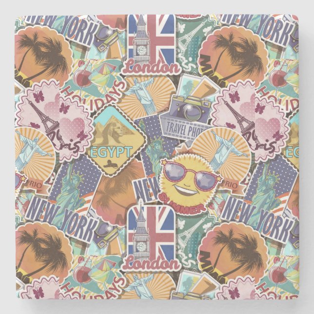 Colourful Travel Sticker Pattern Stone Coaster (Front)