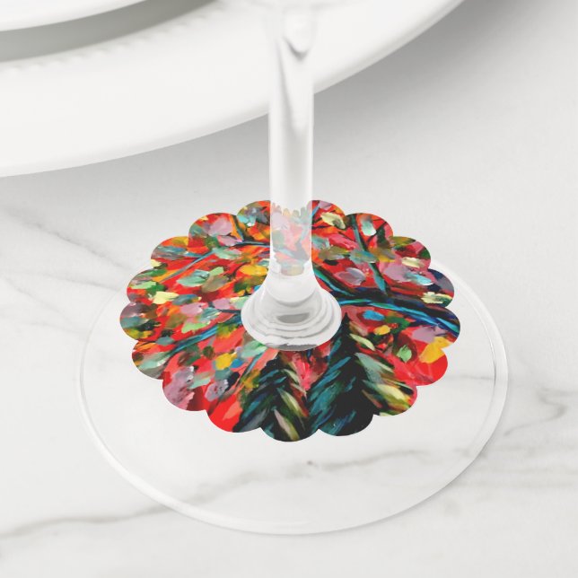 Colourful Tree And River Painting Wine Glass Tag (Close Up)