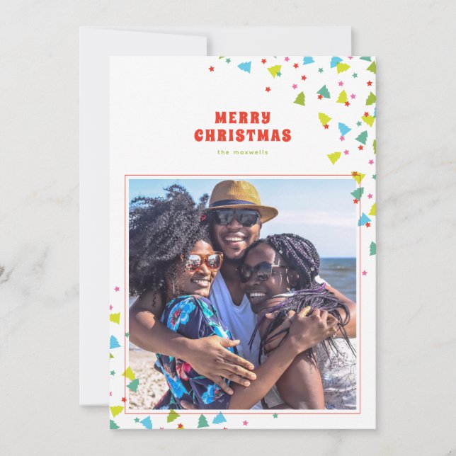 Colourful Tree and Star Confetti Modern Photo Holiday Card (Front)