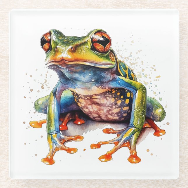 colourful tree frog in watercolor glass coaster (Front)