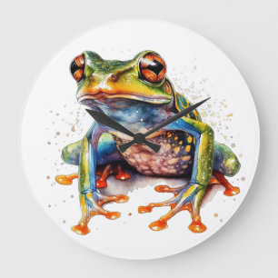 colourful tree frog in watercolor large clock