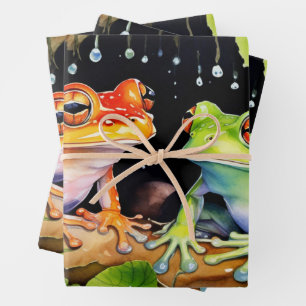 Colourful Tree Frogs on Watercolor Leaves Wrapping Paper Sheet